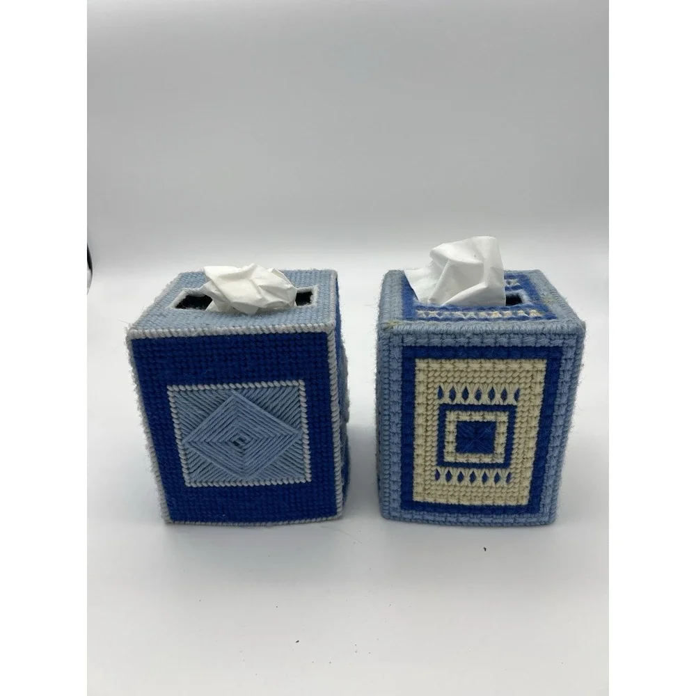 Vintage NEEDLEPOINT TISSUE BOX COVER LOT blue Finished Art MCM Grannycore decor